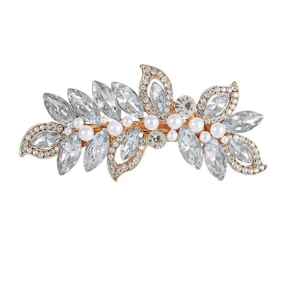 Faux Pearl Golden Hair Barrette Statement Silver Tone Leaves Natural Rhinestone - Picture 2 of 8